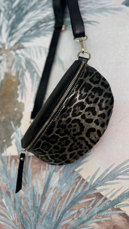 Riñonera Piel Leopardo Negra